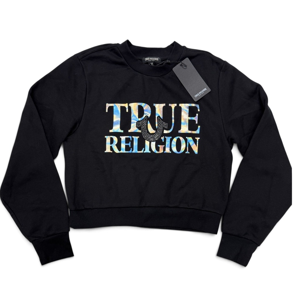 True Religion Womens Iridescent Crystal Logo Cropped Sweatshirt Black Medium NWT
